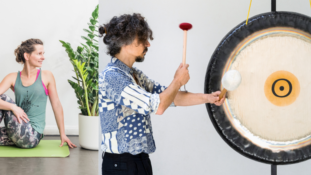 Gong yoga close up on instruments for sound relaxation and